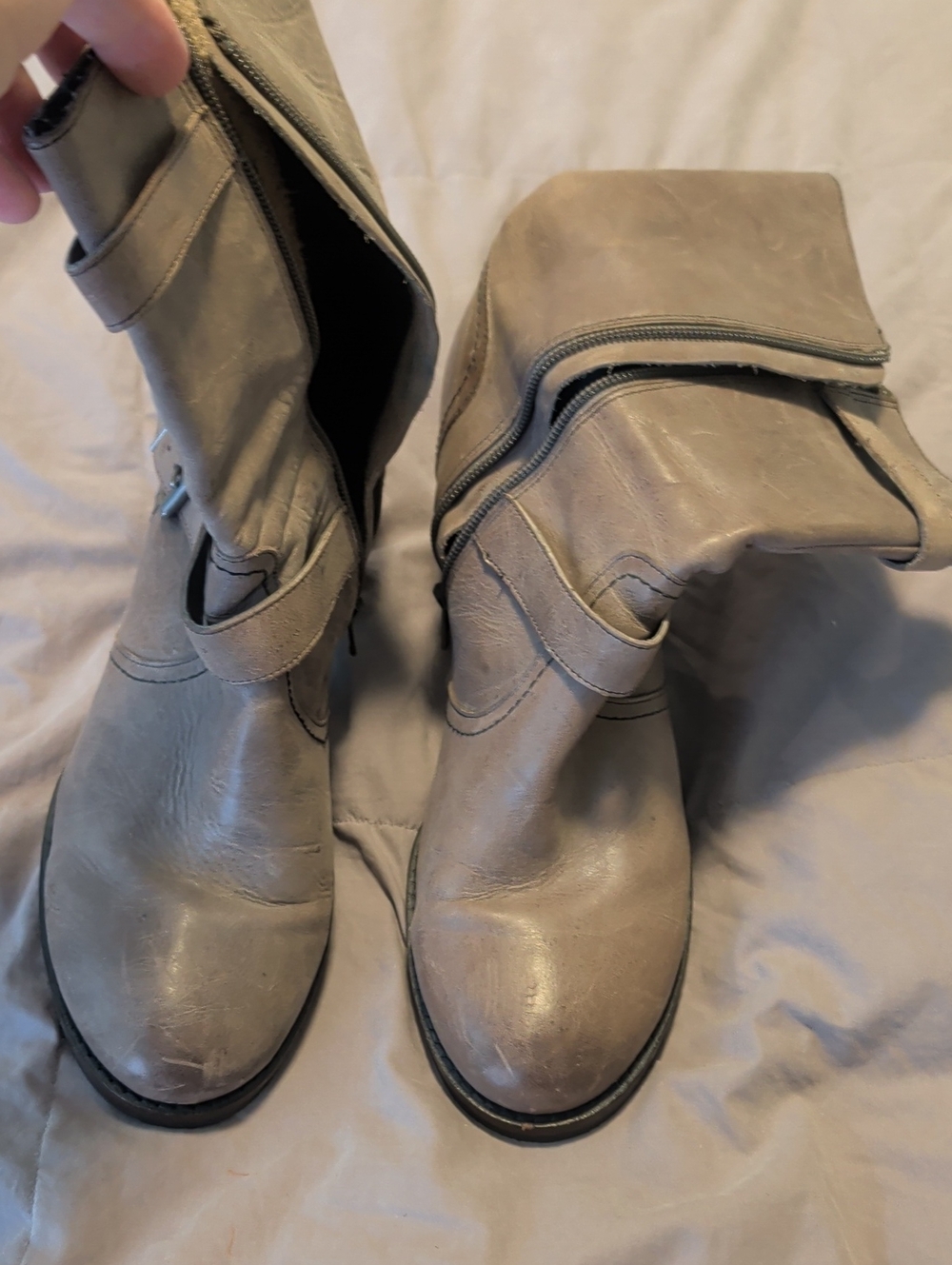 Crown Vintage Gray Taupe Leather Mid-Calf Heeled Boots